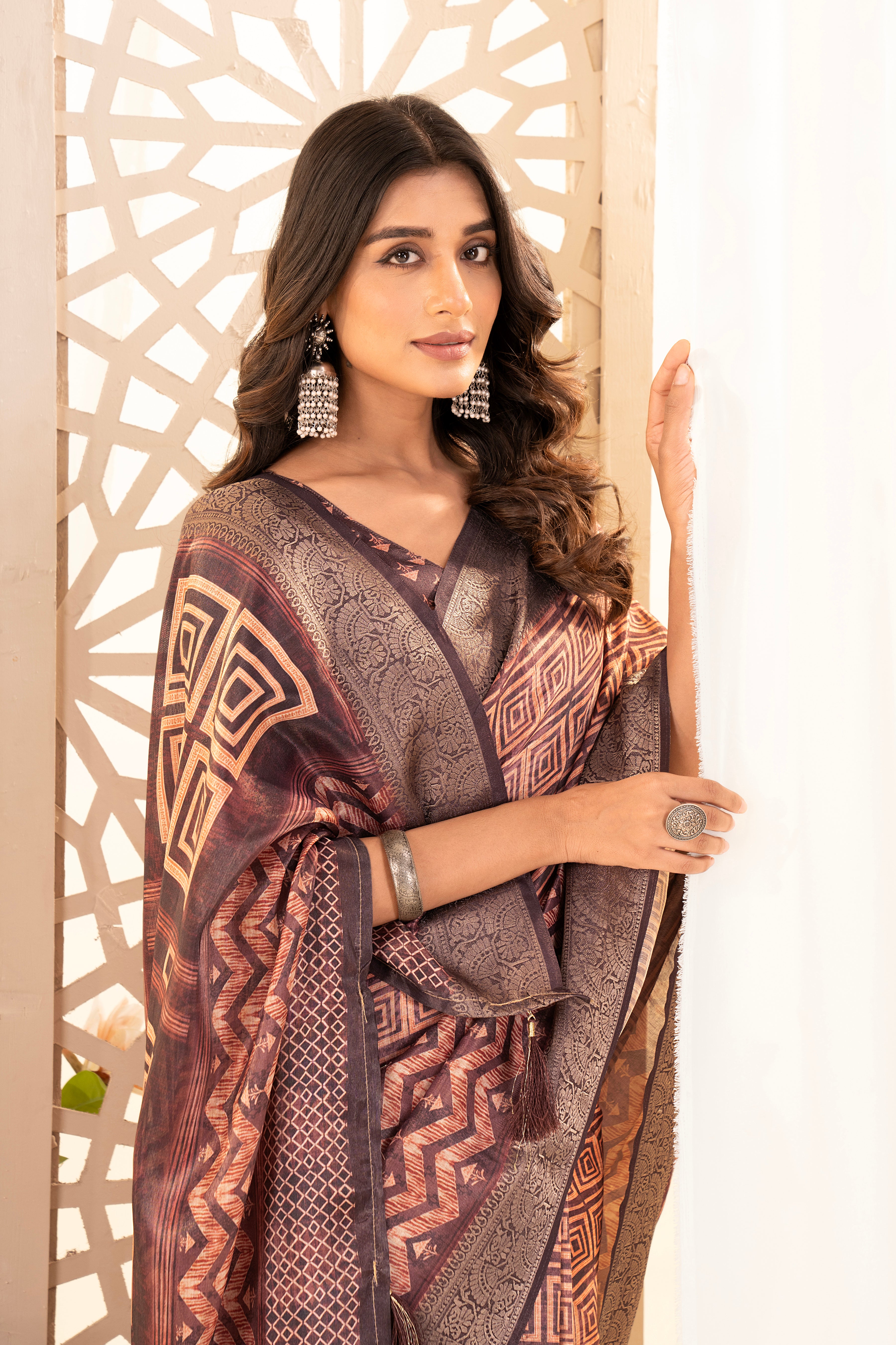 Maroon Tussar Silk Ajrak Saree